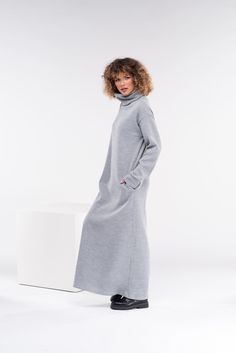 "Super warm and soft long turtleneck sweater dress. Featuring two side pockets and comfortable cut - perfect for the new season. The model in the picture is 176cm. ⅼ 5.8 ft. tall and is wearing size S / color: Light Gray 🌟 INFO: * Worldwide EXPRESS shipping - please provide a phone number for shipping documents * US Sizing XS to 4XL - size chart available below - all measurements of the body * We offer customization to Personal Measurements & Larger Sizes 5XL, 6XL, 7XL .... 🌟 MATERIAL &amp Casual Turtleneck Winter Dress, Winter Turtleneck Oversized Dress, Long Sleeve Winter Dresses With Side Pockets, Long Sleeve Dresses With Side Pockets For Winter, Long Wool Dress, Long Winter Dresses, Warm Winter Dresses, Knitted Maxi Dress, Cyberpunk Clothes