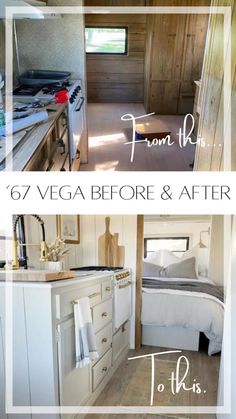 the inside of a mobile home with text overlay that reads, 6 vegaa before and after