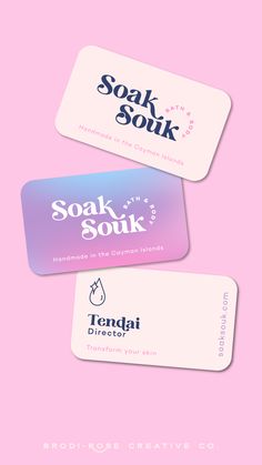 three different business cards with the words soak soukk in black and white