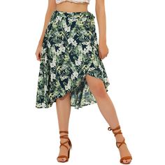 This skirt features a floral, self-tie wrap design, an asymmetrical hem, and a midi length, adding a flowy and charming feel to your vacation look. A flowy hem and tropical floral patterns make this skirt a perfect piece for summer vacation, trips, beaches, weekends, parties, holidays, etc. Paired with a crop top and sandals for many occasions. Tropical Floral Pattern, Wrap Midi Skirt, Vacation Looks, Women's Tie, Tropical Floral Print, Tie Wrap, Floral Wraps, Womens Tie, Floral Ruffle