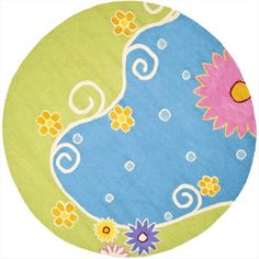 a round rug with flowers and swirls on the bottom in blue, green, pink, yellow and white