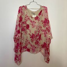 Elena Baldi Pink Floral Silk Blend Dolman Sleeve Drapey Blouse - Nwt Pink Batwing Sleeve Tops For Spring, Pink Batwing Sleeve Top For Summer, Flowy Pink Top For Vacation, Pink Floral Blouse, Sheer Overlay, Floral Blouse, Dolman Sleeve, Pink Floral, Pink Ladies