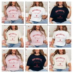 "Express your unique sense of humor with our Comfort Colors crewneck t-shirt featuring playful superlatives like \"Most Likely To Text My Ex\" \"Most Likely To Ghost Him\" or \"Most Likely To Drink All The Wine.\", among many others! Embrace the fun spin on Valentine's Day shirts, and for a personalized touch, message us for a custom quote if you have a different one in mind!  These shirts are perfect for matching Galentine's Day girls' party shirts or a singles gathering, ensuring comfort and l Galentines Matching Shirts, Trendy Crew Neck Top For Valentine's Day, Funny Letter Print Tops For Valentine's Day, Funny Valentine's Day Tops With Letter Print, Funny Cotton Tops For Valentine's Day, Funny Cotton Top For Valentine's Day, Funny Crew Neck Tops For Valentine's Day, Pink Tops With Funny Print For Valentine's Day, Valentine's Day Slogan Crew Neck Top