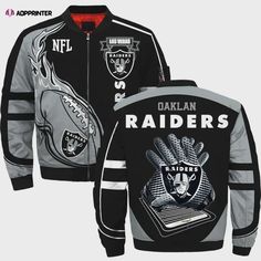 The Oakland Raiders Team Logo Pattern Bomber Jacket in black and gray is the ultimate fan gear for die-hard Raiders supporters. Made with high-quality materials, this jacket features the iconic team logo pattern, showcasing your unwavering loyalty. Its sleek design and comfortable fit make it perfect for game days or casual outings. Stay warm and stylish while representing your favorite NFL team. Don’t miss out on this must-have jacket that offers both fashion and team spirit. Order yours Raiders Stuff, Raiders Team, Oakland Raiders, Logo Pattern, National Football League, Die Hard, Nfl Teams, Football League, Fan Gear