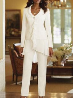 Two Piece Jumpsuit / Pantsuit Mother of the Bride Dress Plus Size Elegant V Neck Floor Length Chiffon Long Sleeve with Ruffles 2023 2023 - US $129.99 Bride Pantsuit, Formal Wedding Guests, Woman Suit, Bride Gown, White Long Sleeves, Fall Wedding Guest, Fall Wedding Guest Dress, Two Piece Jumpsuit, Corded Lace