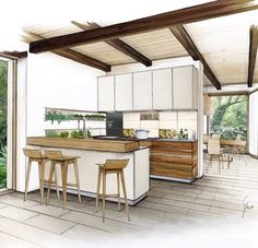 an artist's rendering of a kitchen with stools and counter tops in the center