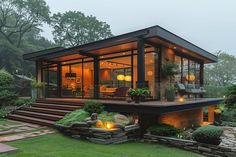 a modern house in the middle of a lush green yard with steps leading up to it