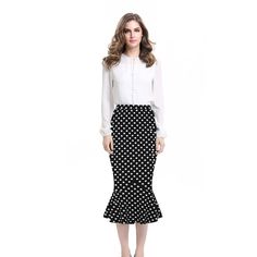 This mermaid style pencil skirt featuring a ruffle hem is perfect for the office. Made with a polyester & spandex blend and falling mid-calf you get stylish & professional looking all-in-one. Comes in 2 fun color patterns. Fitted Ruffle Hem Bottoms For Workwear, Fitted Bottoms With Ruffle Hem For Work, Fitted Ruffle Bottoms For Work, Elegant Fitted Bottoms With Ruffle Hem, Fitted Black Bottoms With Mermaid Hem, Spring Office Lady Fitted Pencil Skirt, Fitted Midi Length Skirt For Office, Fitted Black Mermaid Hem Bottoms, Black Mermaid Hem Bottoms