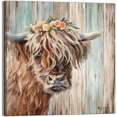 Amazon.com : country farmhouse decor country farmhouse decor living room Highlander Cow Bathroom Ideas, Highland Cow Pictures, Cow With Flowers, Highland Cow Painting, Canvas Inspiration, Highland Cow Canvas, Cow Wall Art, Fluffy Cows, Cow Pictures