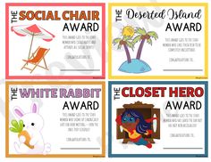 four different awards for children's books with cartoon animals and palm trees in the background