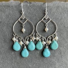 Fun Chinese turquoise is combined with freshwater pearls on sterling silver balinese chandeliers. The approximate length is 2". Please choose your earwire preference. Your earrings will arrive beautifully giftboxed. Pearl Chandelier Earrings, Pearl Chandelier, Jewelry Designing, Metal Chandelier, Earring Ideas, Colorful Jewelry, Balinese, Tear Drop, Chandelier Earrings