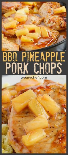 bbq pineapple pork chops with potatoes and gravy on the side