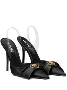 black calf leather satin finish oversize bow detail Medusa plaque detail transparent strap slip-on style pointed toe slingback strap leather lining branded footbed high stiletto heel Versace Heels, Dress Reference, Expensive Shoes, Ysl Heels, Versace Shoes, Chanel 2, Iconic Bags, Boot Pumps, Dolce E Gabbana