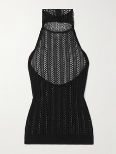 KHAITE's Fall '24 collection celebrates the way in which texture can influence design. This 'Benedetta' top is intricately crocheted with touches of cotton for a semi-sheer finish and has a high halterneck balanced by a low, open back. Underpin it with a tonal bandeau if you prefer more coverage. Crochet Top With Open Back, Black Crochet Top, Summer Style Guide, Halterneck Top, Knitted Design, Cotton Crop Top, Fall 24, Crochet Tops, Crochet Blouse