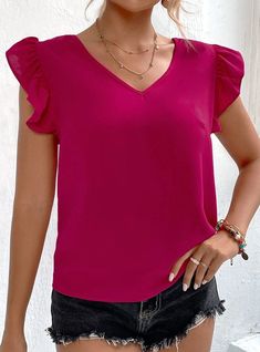 Version: loose typeLength: short (40cm < length ≤50cm)Pattern: solid colorPopular elements: backlessColor: rose redSize: S,M,L,XL Feminine Solid Color Summer Blouse, Feminine Solid Color Blouse For Summer, Feminine Solid V-neck Blouse, Chic Pink V-neck Blouse, Trendy Solid Color V-neck Blouse, Pink V-neck Blouse With Ruffles, Summer Solid Color Tops With Ruffle Sleeves, Summer Tops With Ruffle Sleeves In Solid Color, Summer Ruffle Sleeve Tops In Solid Colors