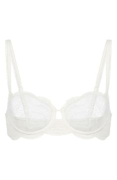 A French-designed bra with lightweight, breathable spacer-foam demi cups is overlaid in flat, scalloped lace for everyday glamour. 69% polyamide, 31% elastane or 73% polyamide, 27% elastane Hand wash, dry flat Partially lined Imported Cream Full Coverage Bra With Removable Pads, Full Coverage Cream Bra With Removable Pads, Beige Lace Bra Comfortable, Beige Lace Underwire Bra, Cream Lace Bra With Lace Trim, Wedding Lace Bra In Beige, Elegant Underwire Bra With Scalloped Lace, Beige Lace Bra With Lace Closure, Classic Full Coverage Lace Bra