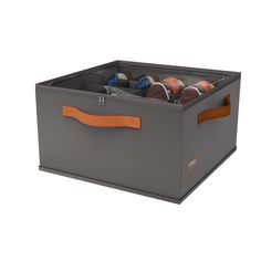 a large gray box with orange handles filled with balls