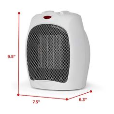 the heater is shown with measurements for it's size and features an air vent