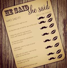 a card with the words he said she said and mustaches in black on it