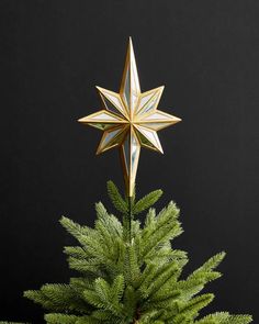 a gold star on top of a christmas tree with pine needles in front of a black background