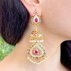 punjabi navratan jadau earrings jhumka Luxury Festive Gota Work Jhumkas, Luxury Ruby Jhumkas As A Gift, Festive Multicolor Temple Jewelry Danglers, Multicolor Earrings For Diwali Rituals, Eid Temple Jewelry Danglers, Traditional Multicolor Dangle Jhumkas, Multicolor Temple Jewelry Danglers With Intricate Design, Multicolor Latkans Earrings For Rituals, Multicolor Chandbali Temple Jewelry Danglers