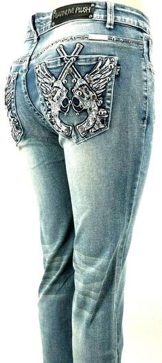 This Listing is for (1) Platinum Plush  Unique Crossing Pistol Stitching Detail  Embellished in Rhinestones on our 5 Pocket  Boot Cut Ladies Denim Mid Rise Jeans   Style # 4045 Material Cotton 69% polyester 29% Spandex 2% INSEAM MEASURES APPROX. 31 INCHES Measure Up 1. Bust Using a tape measure, take a loose measurement over the fullest part of your bust. 2. Waist Using a tape measure, measure around your body at the narrowest part of your waist. The natural crease your body makes when bending to the side also represents the narrowest part of your waist. 3. Hips Stand with your heels together and use a tape measure to measure around your body at the fullest part of your hips and rear. 4. Inseam Using a pair of pants that fit you best, use a tape measure to measure from the top inner thigh Jeans Female, Ladies Denim, Embellished Jeans, Inner Thigh, Mid Rise Jeans, Pair Of Pants, Tape Measure, Bending, Alternative Fashion