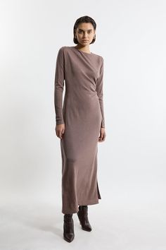 Step Out In Confidence In Our Knit Dress, Made With High Quality Merino Fabric, Featuring A Fit That Hugs The Curves And A Gathered Accent At The Waist. Wear It With Court Heels Or Boots For A Day To Night Outfit With Impact. Extra Fine Merino Gathered Detail Maxi Dress High Quality Merino Fabric Gathered Detailing At Waist Comfortable, Figure Skimming Silhouette Thigh High Leg Split Long Sleeve Design Petite Work Outfits, Day To Night Outfit, Petite Wedding Guest Dresses, Clothing Apps, Yarn Collection, Plus Size Workwear, Leg Split, Court Heels, Outfits Petite