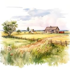 a watercolor painting of a farm scene with a dirt road leading to a barn