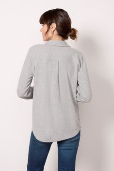 Crafted in the softest sweater knit fabric, you’ll be reaching for this Faherty button-down again and again. Perfect alone or layered, this cozy shirt features a shirttail hem, long sleeves, and patch chest pockets. Front-tuck into your favorite denim or wear unbuttoned over a tank. | FAHERTY Women's Legend Sweater Shirt, Size Small, Grey Front Tuck, Again And Again, Softest Sweater, Sweater Knit, Knit Fabric, Sweater Shirt, Knitted Fabric, Knitted Sweaters, Long Sleeves