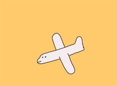 an airplane is flying in the sky on a yellow and white background with text below it