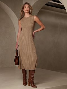 Andiamo Merino Sweater Dress | Banana Republic Petite Work Outfits, Midi Sweater Dress, Sweater Dress Outfit, Tan Dress, Sleeveless Sweater Dress, Merino Sweater, Spring Capsule Wardrobe, Ribbed Sweater Dress, Tan Dresses