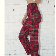 High-Rise Trouser Pants In Red, Green, Blue Plaid Print, With A Button And Zipper Closure. Fabrics: 64% Polyester, 34% Viscose, 2% Spandex Measurements: 29 Cm Rise, 71 Cm Inseam, 66 Cm Waist Red High-waist Bottoms With Button Closure, Red Workwear Pants With Button Closure, Red Buttoned Bottoms For Work, Red High Waist Bottoms With Button Closure, Red Fall Bottoms With Button Closure, Red Straight Leg Bottoms With Button Closure, Red Cotton Bottoms With Buttons, Red Cotton Bottoms With Button Closure, Trendy Red Bottoms With Button Closure