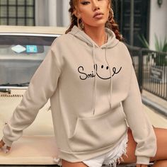 Smile Hoodie Cotton Blend Casual Hoodie Outerwear With Letter Print, Casual Winter Sweatshirt With Kangaroo Pocket, Casual Letter Print Hoodie Outerwear, Spring Letter Print Hoodie Sweater, Spring Fleece Hoodie For Leisure, Spring Leisure Hoodie With Pockets, Casual Fleece Hoodie For Fall, Spring Hoodie With Kangaroo Pocket For Leisure, Casual Spring Hoodie Sweater