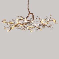 a chandelier with lights hanging from it's branches on a gray background