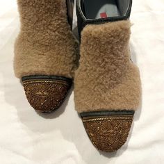 Meher Kakalia Booties Nwot Size 38 With Fur Top And Gold Beaded Toe And Heel. Fur Top, Gold Beads, Bootie Boots, Shoe Boots, Ankle Boots, Women Shoes, Boots, Heels, Gold