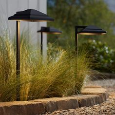 two black lamps are next to some grass