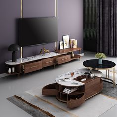 a living room with purple walls and furniture in the corner, including a coffee table