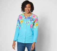 Got those garden party vibes? One look at this festively flowered cardi is all it takes to fall in love. A welcoming layer for springtime soirees! From Quacker Factory®. Long Sleeve Cotton Cardigan With Floral Print, Long Sleeve Tops For Garden Party, Spring Long Sleeve Cardigan For Day Out, Long Sleeve Cardigan For Spring Day Out, Spring Cardigan For Day Out With Long Sleeves, Long Sleeve Cardigan For Day Out In Spring, Casual Long Sleeve Tops For Garden Party, Spring Fitted Floral Print Cardigan, Spring Fitted Cardigan With Floral Print