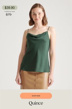 The neckline on this cami deserves a chef’s kiss. Softly draped to highlight your shape, it’s the ideal layer under a cardigan or blazer, or wear it on its own—a top this good deserves the spotlight. Adjustable straps ensure the right fit, and side slits let it sit perfectly on your hips. Made of our bestselling premium mulberry silk with a hint of stretch, famously low-maintenance and washable. Plus, silk fiber contains 18 kinds of amino acids that make it amazing for skin nourishment, hypo-all Cowl Neck Cami, Silk Camisole, Mulberry Silk, Cowl Neck, Forest Green, Blazer, Silk, How To Wear