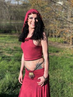 Hand-Dyed Emma Hooded Crop Top with Pompom trim and the | Etsy Red Bohemian Skirt For Dance, Bohemian Skirt For Cosplay, Fitted Hippie Wrap Skirt For Festivals, Belly Dance Festival Skirt With Stretch, Belly Dance Festival Stretch Skirt, Belly Dance Stretch Skirt For Festivals, Bohemian Fitted Skirt For Dance, Fitted Bohemian Skirt For Dance, Red Bohemian Fitted Wrap Skirt