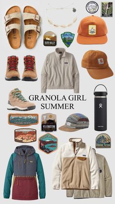 a collage of hats, shoes and clothing with the words granola girl summer