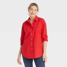 Women's Oversized Long Sleeve Collared Button-Down Shirt - Universal Thread™ Red L Red Oversized Collared Shirt, Oversized Red Button-up Blouse, Oversized Red Button-up Shirt, Oversized Red Shirt For Fall, Red Cotton Trendy Shirt, Trendy Red Cotton Shirt, Red Collared Blouse With Relaxed Fit, Red Relaxed Fit Blouse For Work, Oversized Red Long Sleeve Shirt