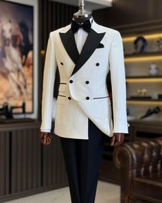 GENT WITH Men's 2 Piece Slim Fit Two Button Wedding Groom Off-White Suit, Men Party Suit Pants, Off-White Peak Lapel Double Breasted Suit Black Panta, Mens Suit For Wedding, Slim Fit Groom Suit, Black Slim Fit Pants, Tuxedo Prom, White Wedding Suit, Mens Wedding Suits, Suit For Wedding, White Tux