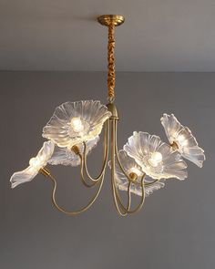 a chandelier hanging from the ceiling with flowers on it