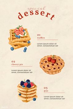 a poster with different types of desserts on it's sides, including waffles and strawberries