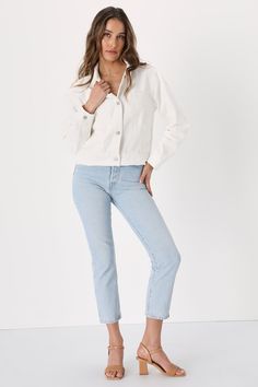 It's easy to claim your spot at the top when you've got the Lulus Modern Icon White Raw Hem Twill Jacket! Midweight woven cotton twill fabric shapes this cool girl-chic jacket that has long sleeves and a collared neckline, with a full button placket at the front. Backstiched raw cropped hem adds an ultra-trendy finish. Fit: This garment fits true to size. Length: Size medium measures 21.5" from shoulder to hem. Bust: Great for any cup size. Waist: Not Fitted - comfortable room throughout midsect Cotton Button-up Outerwear For Day Out, Trendy Cropped Jacket With Pockets And Long Sleeves, Trendy Cropped Jacket With Pockets, Chic Relaxed Fit Denim Jacket For Fall, Chic Collared Cotton Denim Jacket, Spring Workwear Long Sleeve Denim Jacket, Spring Denim Jacket With Pockets, Trendy Long Sleeve Cotton Denim Jacket, Spring Long Sleeve Denim Jacket For Workwear