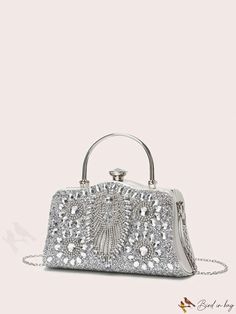 BirdinBag - Elegant Rhinestone-Embellished Small Box Bag for Weddings, Proms, and Special Events Silver Crystal Rectangular Bag, Glamorous Rhinestone Bags For Prom, Silver Rectangular Crystal Bag, Rectangular Silver Crystal Bag, Embellished Clutch Bags For Prom, Silver Handheld Box Bag For Evening, Sparkling Rectangular Evening Bag For Prom, Evening Crystal Bag In Rectangular Shape, Embellished Rectangular Evening Bag For Prom