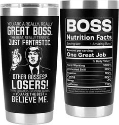 two stainless steel travel mugs with the words boss and nutrition fact on each one