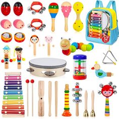 an assortment of wooden toys and musical instruments