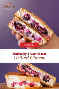 a hand holding a sandwich with blueberry and goat cheese grilled cheese on it